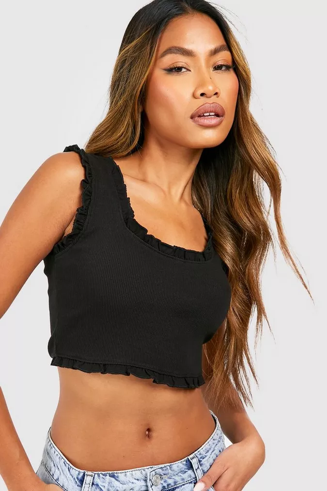 68% OFF RIB FRILL TRIM CROP TOP