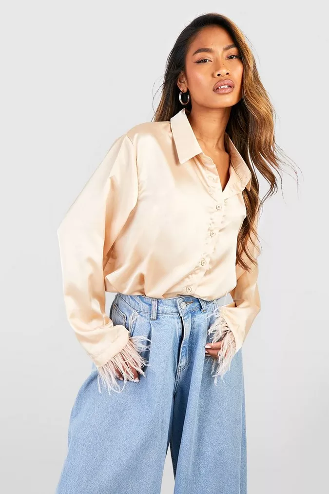 73% OFF FEATHER CUFF DETAIL SATIN SHIRT