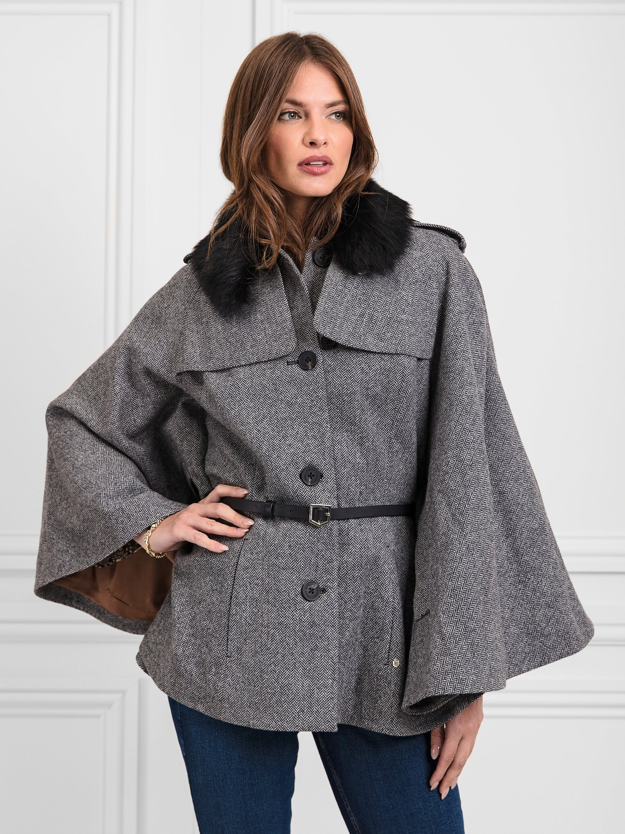 The Sienna Added! Women's Wool Cape - Monochrome Herringbone with Removable Toscana Collar