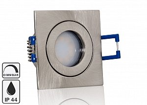 Feuchtraum LED Einbaustrahler Set IP44 MR11 35mm aus gebürstetem Druckguss, eckig, mit Marken Flat LED Spot LC Light 3 Watt 230V dimmbar