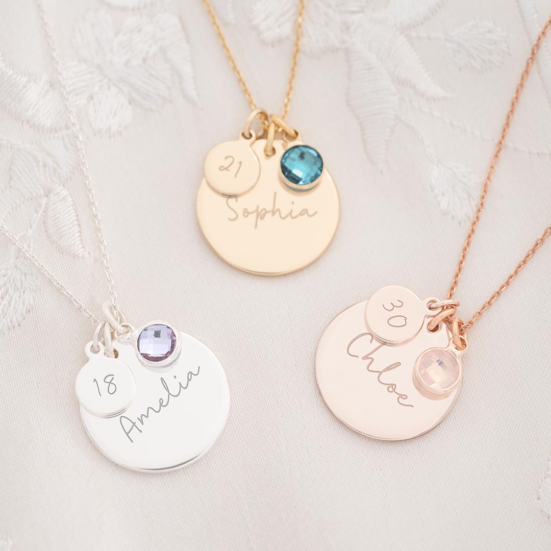 Make It a Memorable Birthday with the Personalised Birthday Disc Name Necklace, available in Sterling Silver, Gold Plated Sterling Silver, and Rose Gold Plated Sterling Silver