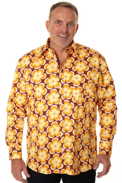 Herren 70er Langarm Hemd gelb braun geblümt in Comfort Fit